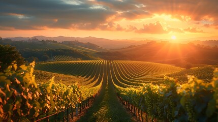 Sunset vineyard &ndash; Close-up view of the grapes in a vineyard. Vineyards, wine production, agriculture, organic.