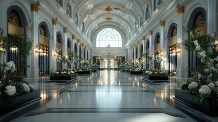 Naklejka premium Luxuriöses Innendesign der großen Palasthalle für architektonische Eleganz