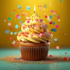 birthday cupcake wih confetti on yellow background