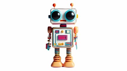 A vibrant retro-style robot toy with colorful details