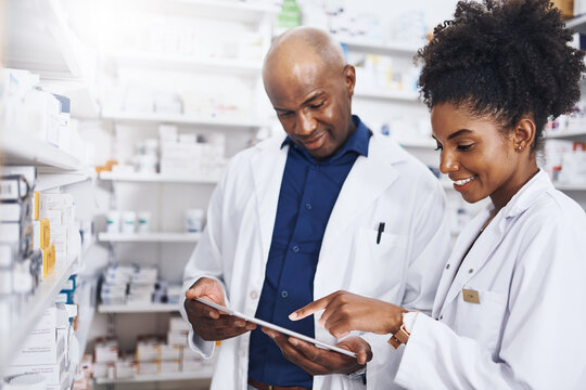 Pharmacy, inventory and people on tablet with medicine for teamwork, online prescription and medical service. Healthcare, pharmaceutical and pharmacists on tech for medication, pills and wellness