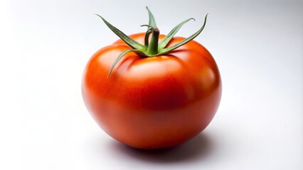 Single, ripe, red tomato with green stem laying on a plain white background
