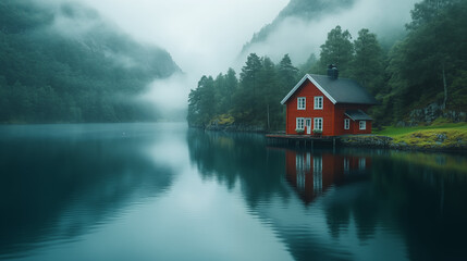 Fototapeta premium Red wooden house reflecting in misty fjord, surrounded by forest in Norway