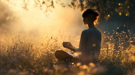 Realistic photo comforting scene of a person sitting cross-legged in a serene nature setting