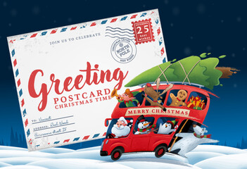 santa claus driving bus with gifts with reindeer penguin bear elf cookie in christmas village christmas greeting card letter