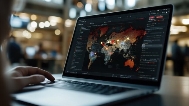 Globales Cybersicherheits-Dashboard auf dem Laptop-Bildschirm im modernen Arbeitsbereich