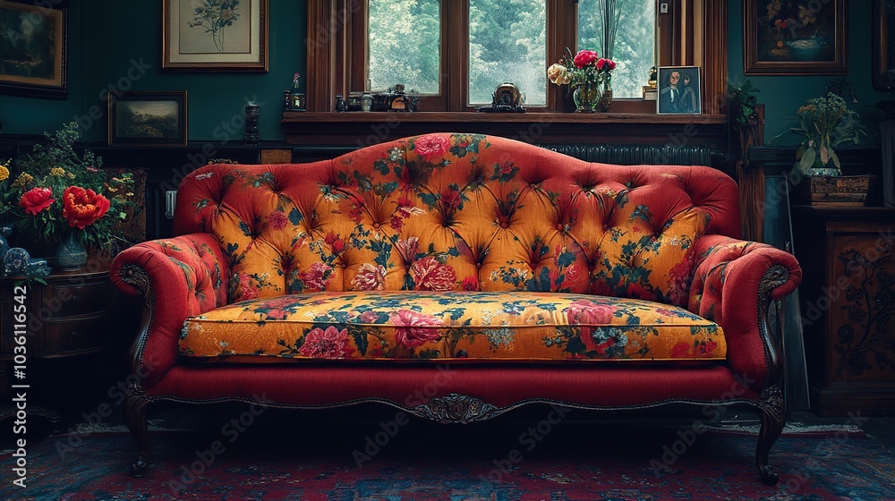 Wall mural Colorful floral sofa in a cozy interior setting.