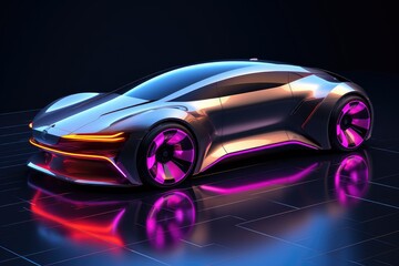 Naklejka premium Futuristic digital cars gleam under neon lights in a tech exhibition highlighting their sleek designs and innovative features for modern transportation