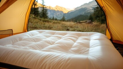 Rückzugsort in der Natur: Aufblasbares Bett im Zelt mit Bergblick zum Campen und Entspannen