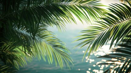   A close-up of a palm tree with sunlight reflecting on the water in the background