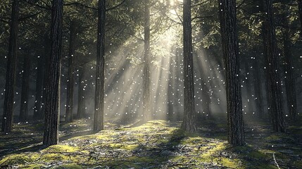 Obraz premium The sun illuminates the moss-covered forest through the tree trunks