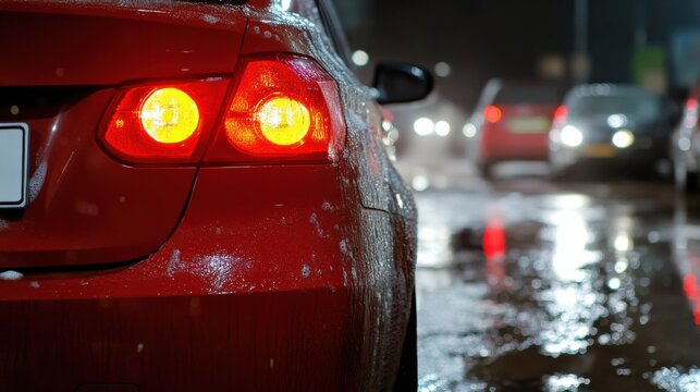 Beleuchtete R&uuml;ckansicht eines Autos auf einer regnerischen Nachtstra&szlig;e f&uuml;r Automobildesign