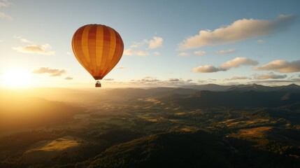 Obraz premium Heißluftballon-Abenteuer bei Sonnenaufgang über einer malerischen Landschaft für die Tourismus- und Reisebranche