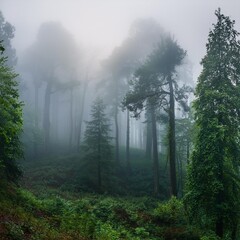Obraz premium misty forest with towering trees creating a mysterious atmosphere