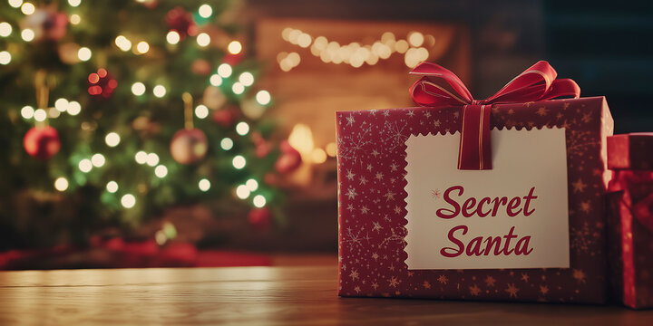 A gift on a table with the words "Secret Santa". Copy space