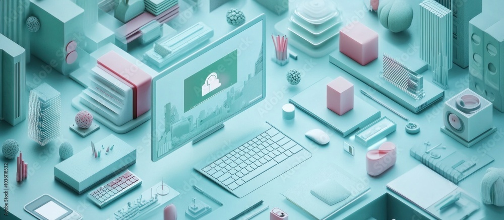 Wall mural 3d illustration of a computer screen with a cloud icon and a keyboard on a turquoise background.