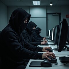 Call Center Scammers Criminals in masks and headsets at work with computers