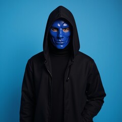 Blue-masked veiled individual with hood on blue studio backdrop