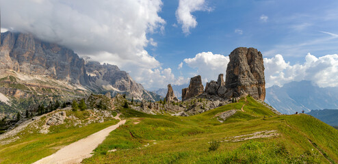Panorama of the Dolomites peaks Cinque Torri in the Dolomiti Ampezzane, South Tirol, Italy