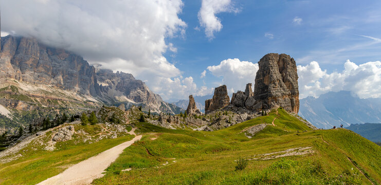 Panorama of the Dolomites peaks Cinque Torri in the Dolomiti Ampezzane, South Tirol, Italy