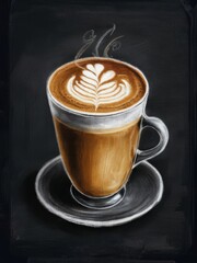Cup of coffee drawn with chalk on black board. Cup of coffee Cappuccino isolated on black background. Chalk inscription Cappuccino. Menu, sketch, design