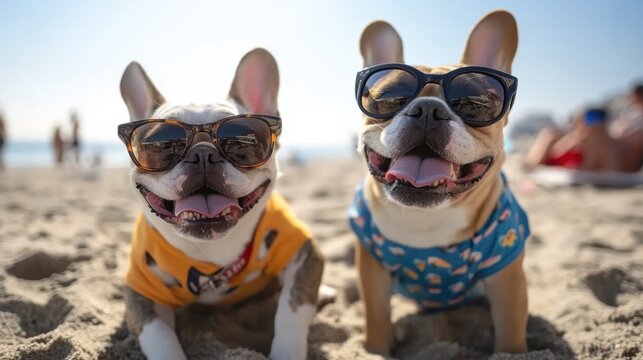 Franz&ouml;sische Bulldoggen genie&szlig;en einen sonnigen Strandtag in farbenfroher Kleidung f&uuml;r Fr&uuml;hlingsliebhaber