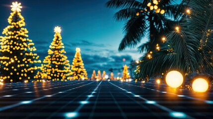 Tropical Christmas scene with palm trees and glowing holiday lights under a bright night sky