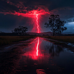 Cloudy thunder sky natural lighting, red lightening generated.AI