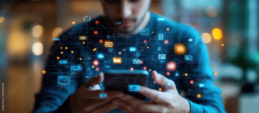 Wall mural man using smartphone with social media icons hovering around him.