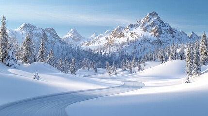 Obraz premium A winding highway reveals stunning, snowy peaks and frosted trees, showcasing nature's beauty in a serene winter landscape