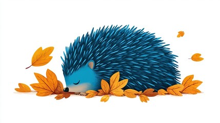   Illustration of a Blue Hedgehog Sleeping on Autumn Leaves