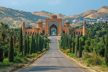 A grand, ornate archway stands tall against a backdrop of rolling hills and lush greenery.