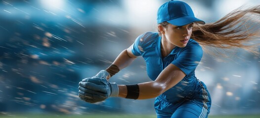 Intense Action Shot of Female Baseball Player Catching Ball