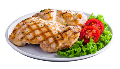 Grilled Chicken Thighs With Fresh Salad and Tomato Slices on Plate