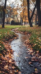 Autumn creek flowing gently through a park, with orange and yellow leaves covering the ground and vibrant trees reflecting in the water.