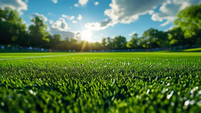 Wide view of a sunny soccer field with lush green grass and trees in the background. Perfect for sports, outdoor activities, and nature-related content