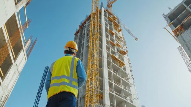 A detailed view of construction engineers conducting safety inspections and quality checks on reinforced concrete columns at a high-rise construction site, Structural inspection scene