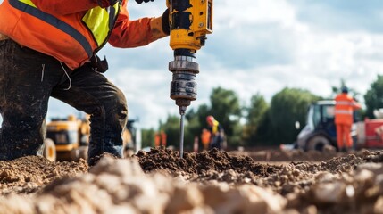 A detailed view of construction engineers conducting soil compaction tests using specialized equipment at a highway construction site, Soil compaction testing scene, Engineering inspection style
