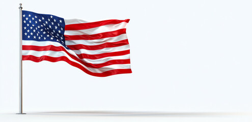 Fototapeta premium Waving American flag against a clear background. The American flag proudly waves, showcasing its red, white, and blue colors against a plain backdrop, representing national pride.