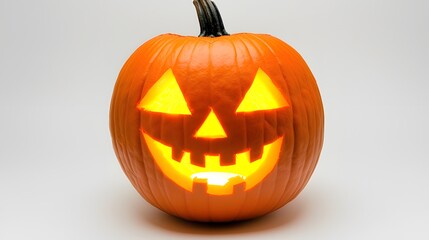 carved pumpkin with a classic jack-o&rsquo;-lantern face, lit from within on a white surface
