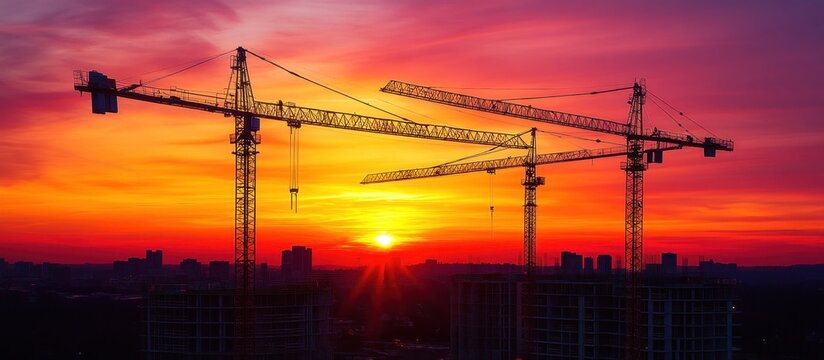 Silhouette of construction cranes against a vivid sunset sky.
