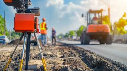 Obraz premium A detailed view of construction engineers conducting soil testing using drilling equipment at a site earmarked for a new residential development, Soil testing scene, Geological assessment style