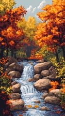 A small stream winding through an autumn park, surrounded by vibrant fall leaves and trees, perfect for peaceful and tranquil visuals.