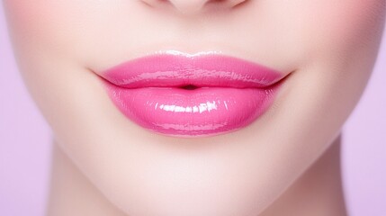 Obraz premium Glossy pink lips close-up, soft pastel background, perfect lip makeup, feminine beauty, smooth lip texture, minimalism, beauty and skincare, vibrant lip color, fresh look