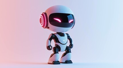 A cute robot featuring glowing lights, set against a sleek, modern technology banner in dark navy with LED accent