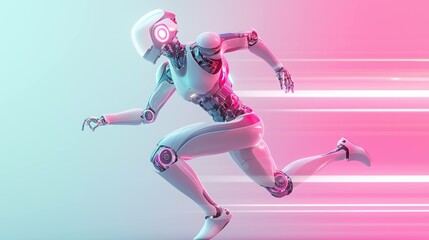 A futuristic white robot running fast in motion against a gradient pink background