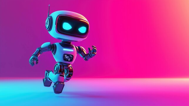 A futuristic white robot running fst in motion against a gradient pink background.
