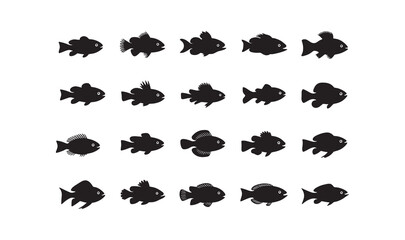 A collection of stylized fish in vector format, rendered in monochrome black and white with varying designs.