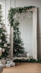 Elegant Christmas decor with a decorative mirror and beautifully wrapped gifts under a festive tree.