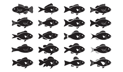 A collection of stylized fish in vector format, rendered in monochrome black and white with varying designs.